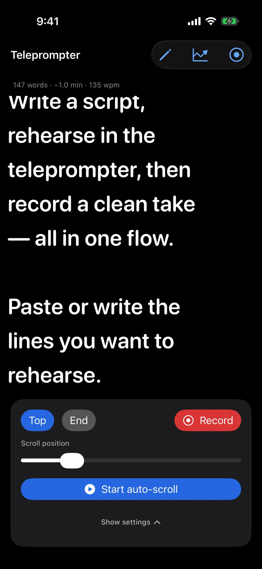 GoScript teleprompter screenshot, first of three owned simulator captures